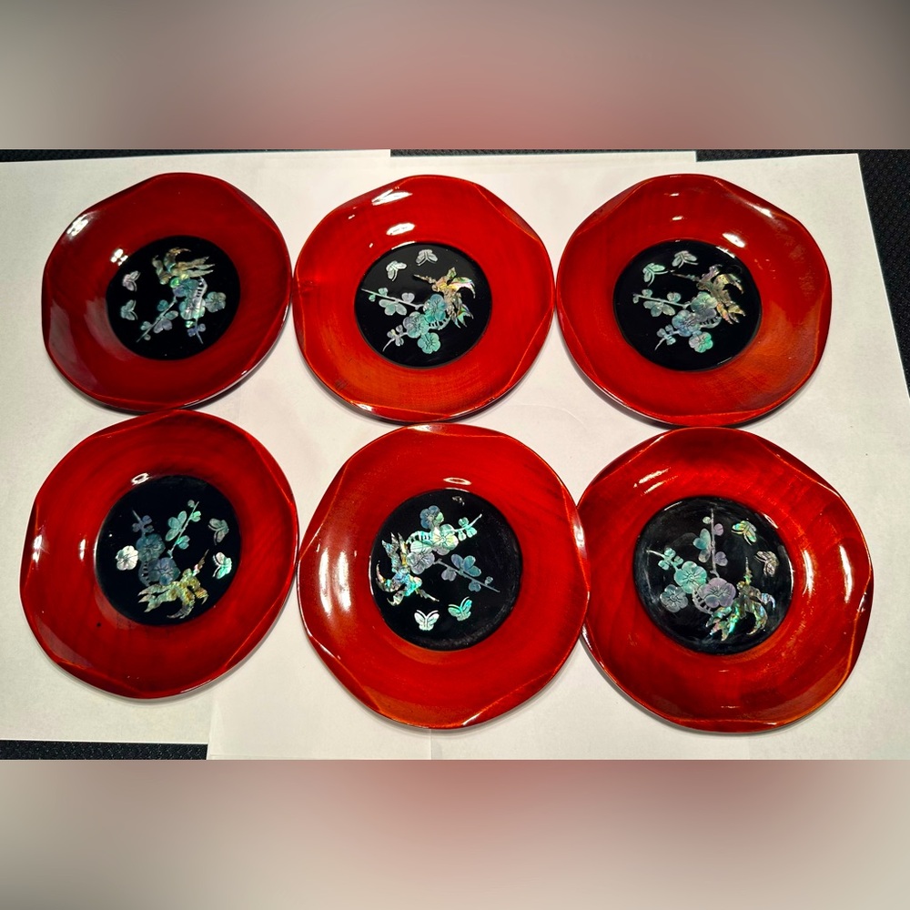 Korean Lacquer Ware Wood, Mother of Pearl Inlay, Coasters Set of 6
